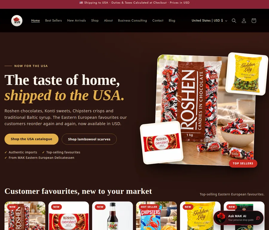 Actual public homepage of MAK Eastern European Foods, captured October 2026
